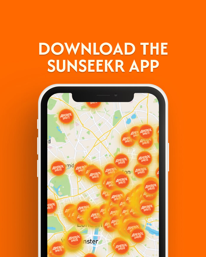 The SunSeekr app map showing Aperol Spritz pins across London
