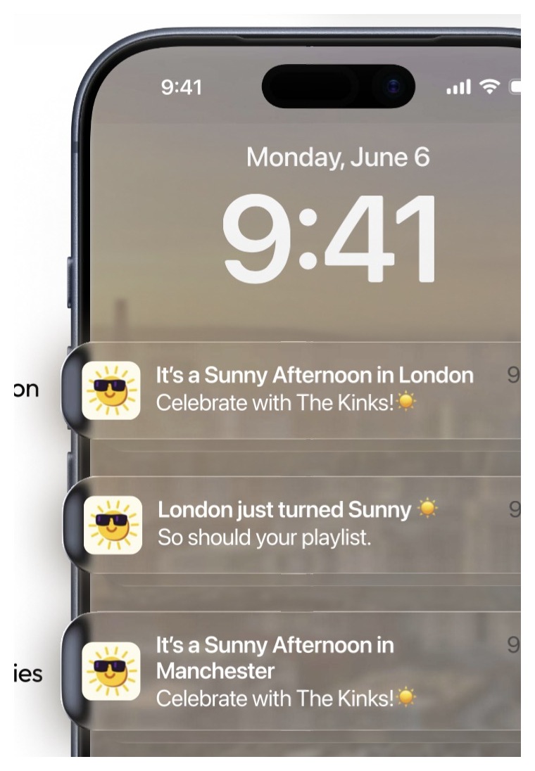 A sunshine-triggered SunSeekr notification celebrating The Kinks — Sunny Afternoon