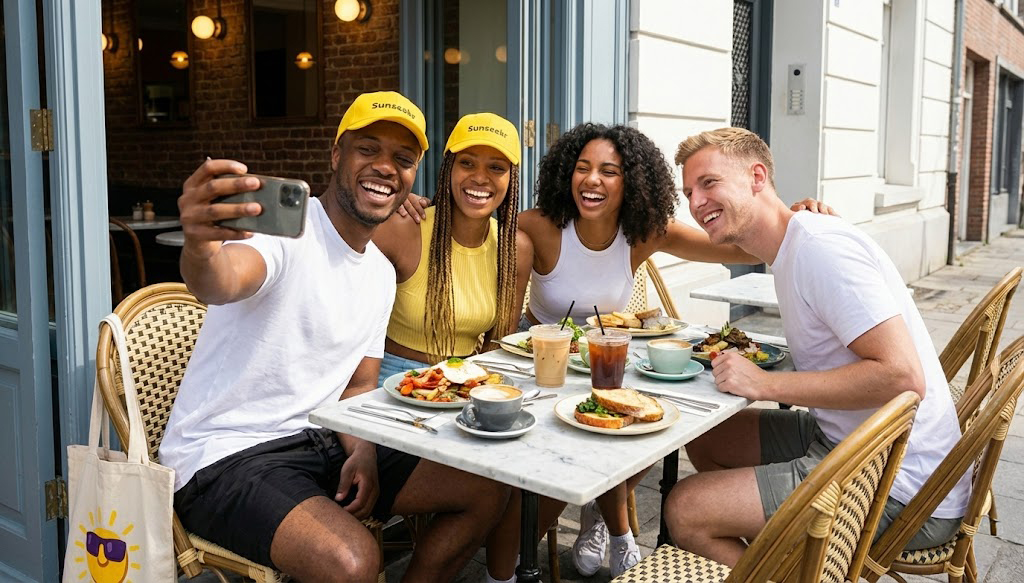 Friends enjoying brunch on a sunny terrace
