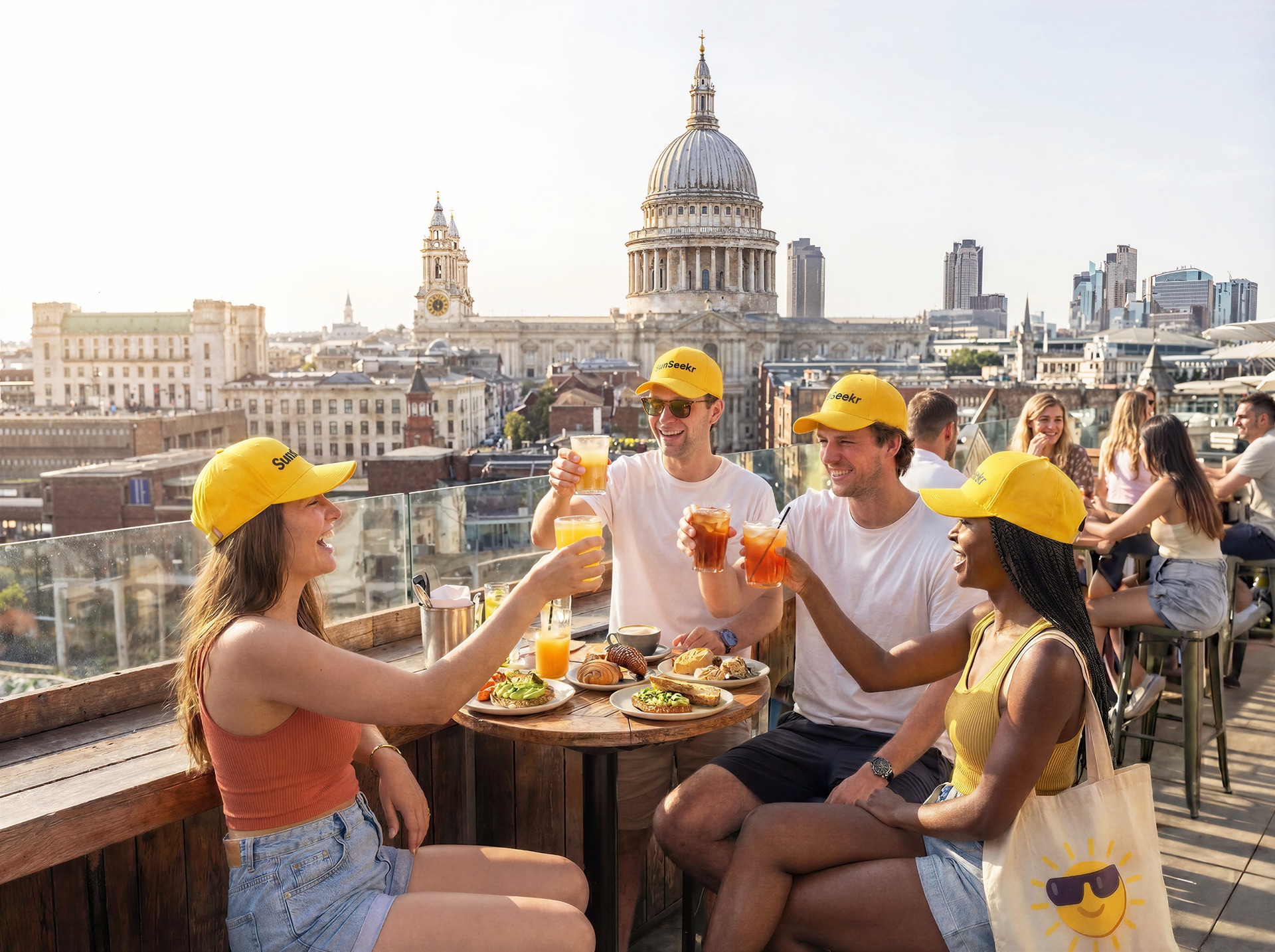 Friends enjoying sunshine on a rooftop terrace