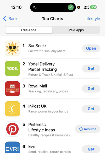 SunSeekr at #1 in the UK App Store Lifestyle chart