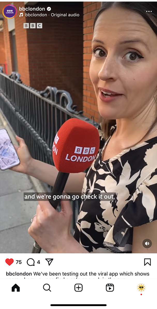 BBC London testing the SunSeekr app on Instagram