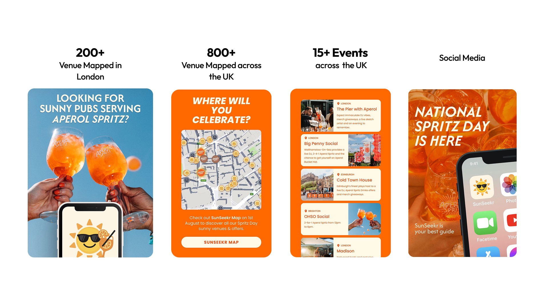 Aperol x SunSeekr campaign artwork showing venues mapped in London and across the UK, the events programme and National Spritz Day