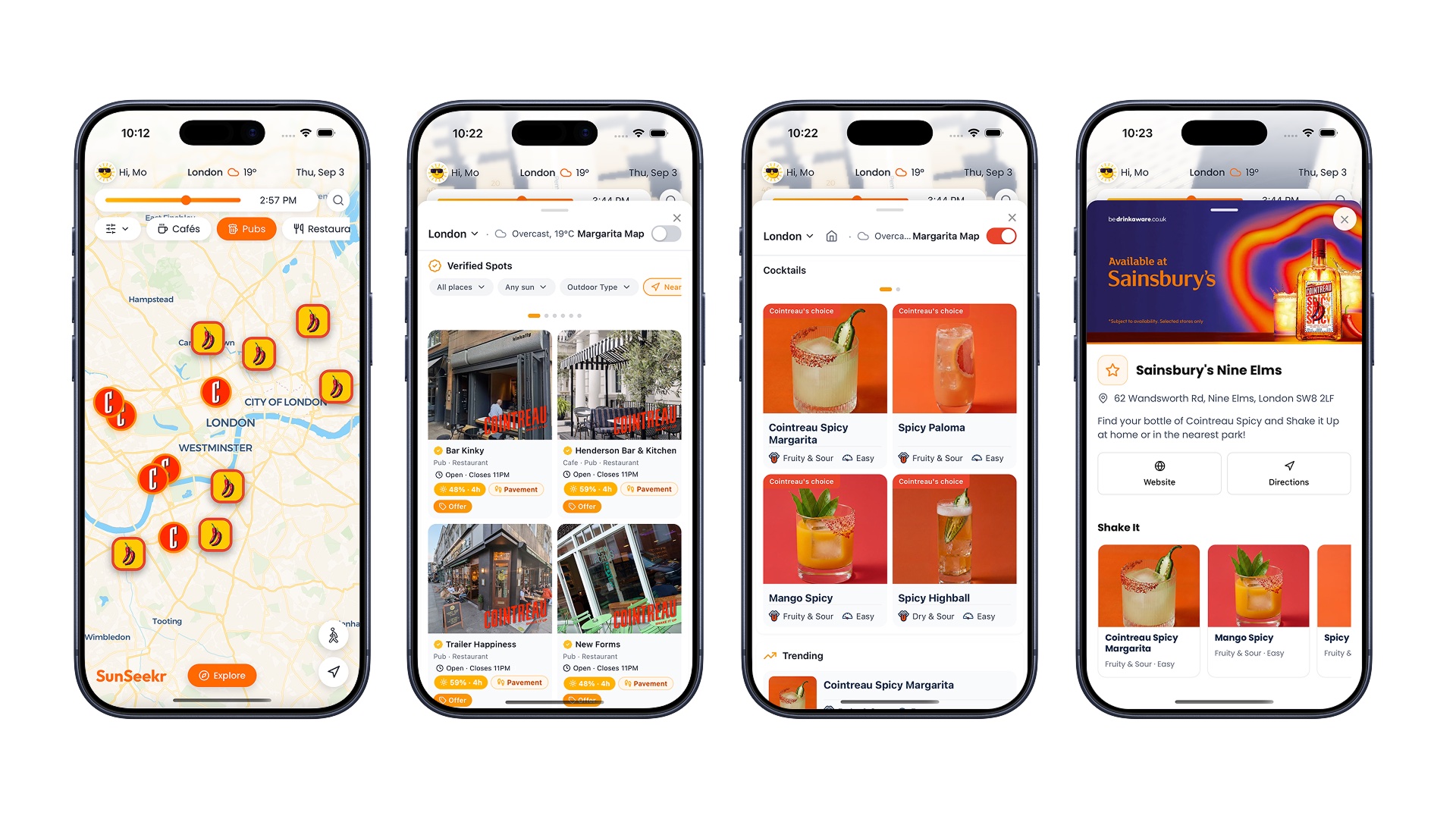 Four screens from the SunSeekr app showing the Margarita Map, the verified venue list, the Cointreau serves and a Sainsbury's stockist card