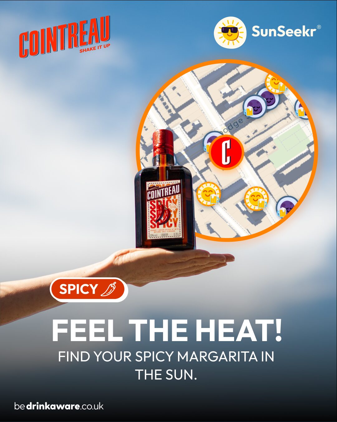 Cointreau × SunSeekr campaign artwork — a bottle of Cointreau Spicy above a map of sunny London terraces