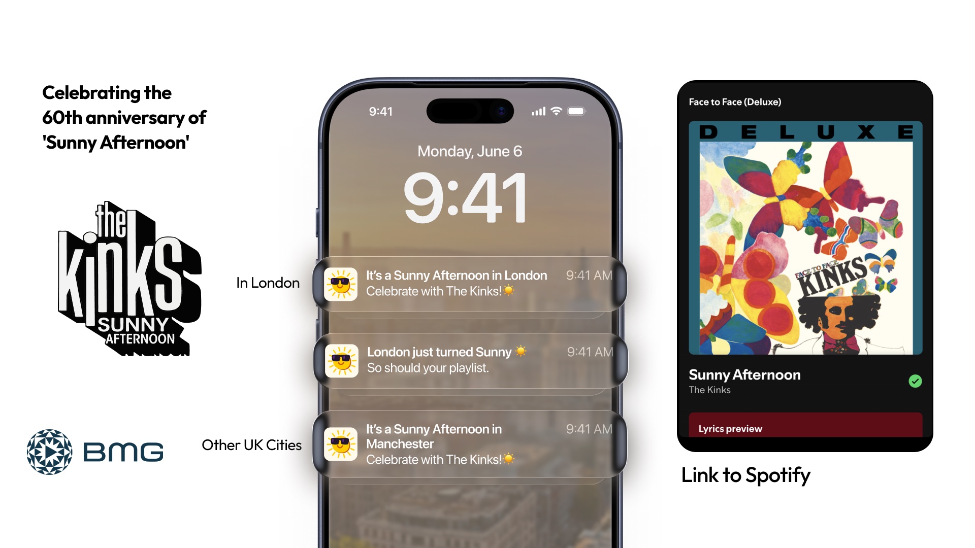 Anniversary artwork alongside notification examples from the campaign and the link through to the song