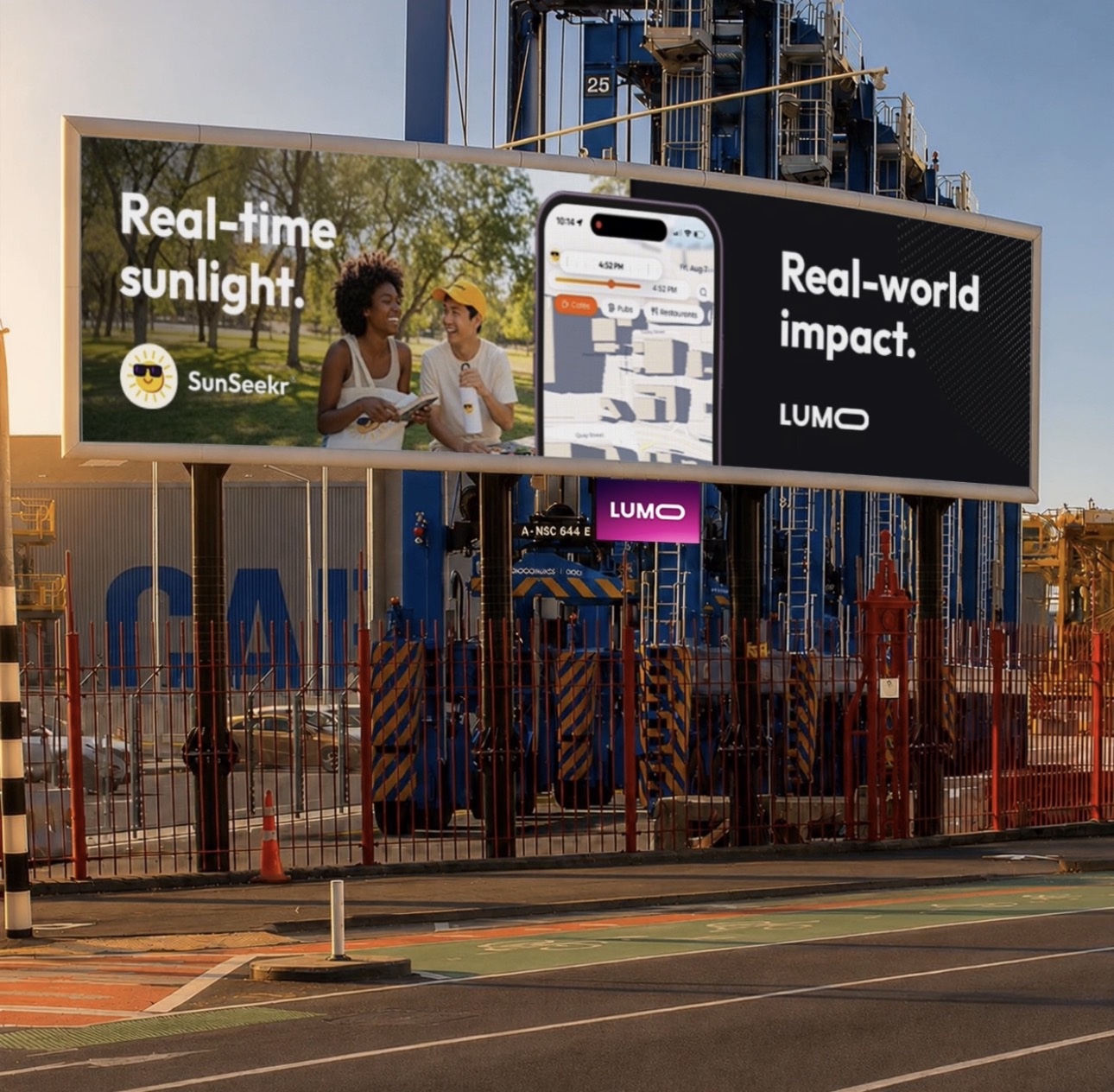 A LUMO digital billboard running the partnership creative: 'Real-time sunlight' beside 'Real-world impact'